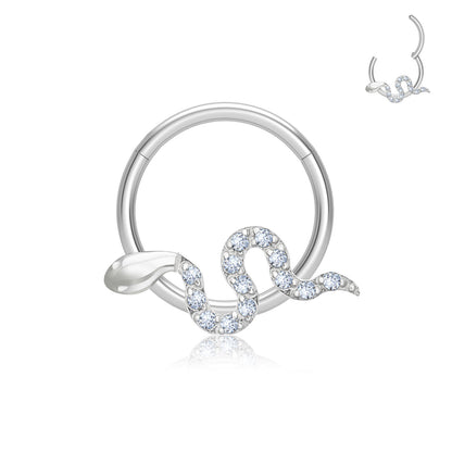 Snake Daith Ring with Diamond Cz in Silver Titanium Septum (Single Piece)