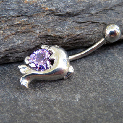 Dolphin Heart Purple Gem Crystal Belly Ring