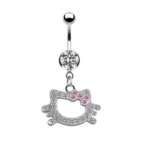 Chic Pink Crystal Cat Dangling Ribbon Piercing for Women