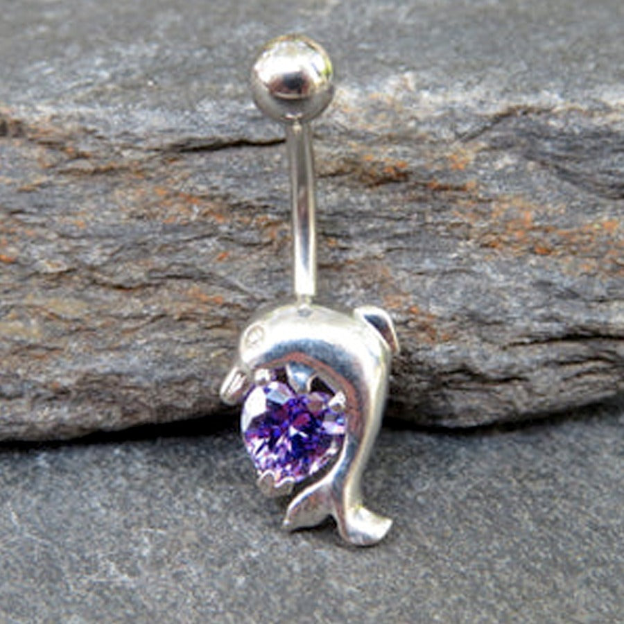 Dolphin Heart Purple Gem Crystal Belly Ring