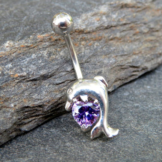 Dolphin Heart Purple Gem Crystal Belly Ring